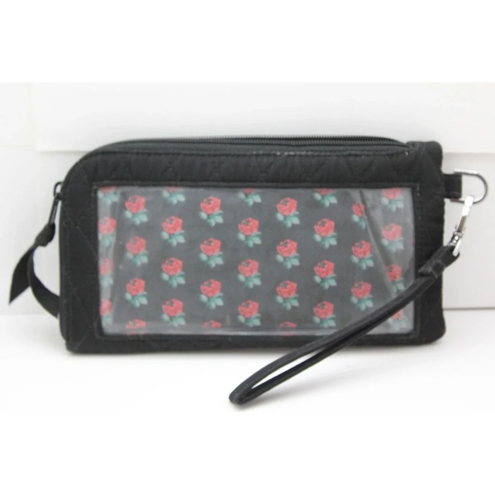 Vera Bradley Black Quilted Cotton Wristlet Wallet with Floral Interior ID Window